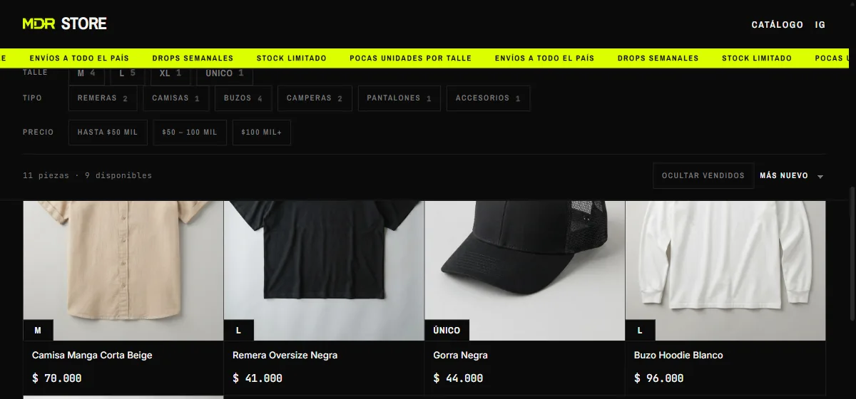 Catálogo de MDR Store con filtros por talle, tipo y precio, y la grilla de prendas con sus precios.